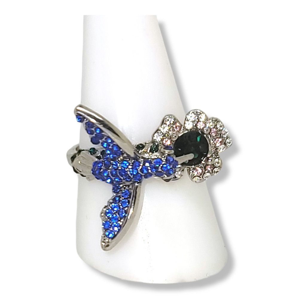 Silvertone Round Blue Pink Green White Crystal Hummingbird Ring Size 8 3/4